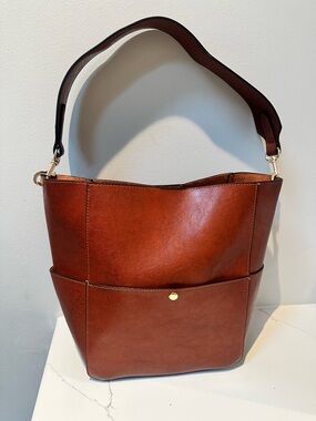 Brown PU Leather 12” x 10”  Bucket Tote Shoulder Bag - NWOT